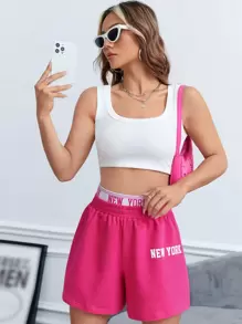 SHEIN EZwear 字母圖案織帶拼接腰短褲 - 玫紅色 - 查看 3