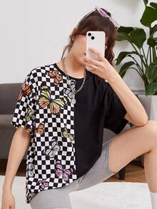 SHEIN Teen Girls Checkerboard & Butterfly Print Drop Shoulder Tee - Multicolor - View 3