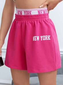 SHEIN EZwear 字母圖案織帶拼接腰短褲 - 玫紅色 - 查看 4