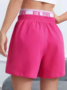 SHEIN EZwear 字母圖案織帶拼接腰短褲 - 玫紅色 - 查看 5