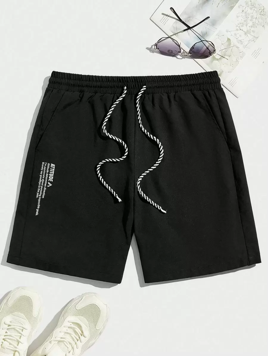 Manfinity RebelGame Men Slogan Graphic Drawstring Waist Shorts - Black - View 1
