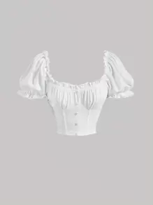 SHEIN MOD Ruched Bust Frill Trim Crop Tee - White - View 1