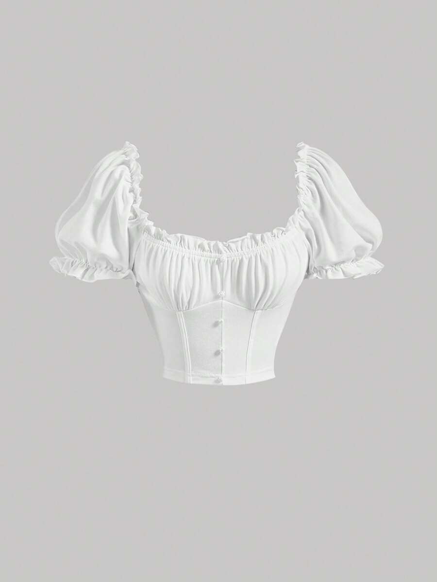 SHEIN MOD Ruched Bust Frill Trim Crop Tee - White - View 1