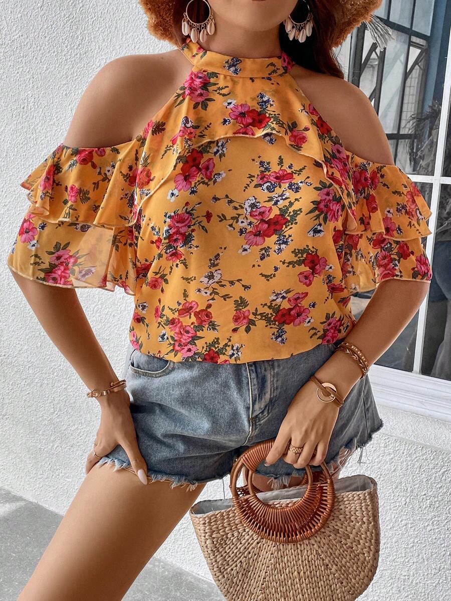 SHEIN Holidaya Plus Floral Print Cold Shoulder Ruffle Trim Blouse - Multicolor - View 1