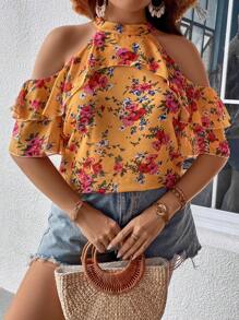 SHEIN Holidaya Plus Floral Print Cold Shoulder Ruffle Trim Blouse - Multicolor - View 3