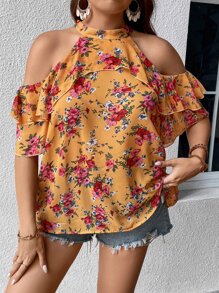 SHEIN Holidaya Plus Floral Print Cold Shoulder Ruffle Trim Blouse - Multicolor - View 4