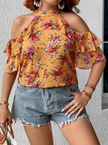 SHEIN Holidaya Plus Floral Print Cold Shoulder Ruffle Trim Blouse - Multicolor - View 5