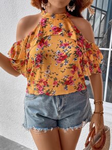 SHEIN Holidaya Plus Floral Print Cold Shoulder Ruffle Trim Blouse - Multicolor - View 6