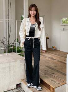 DAZY 束口腰帶對比條紋寬腳褲 - 黑色 - 查看 10