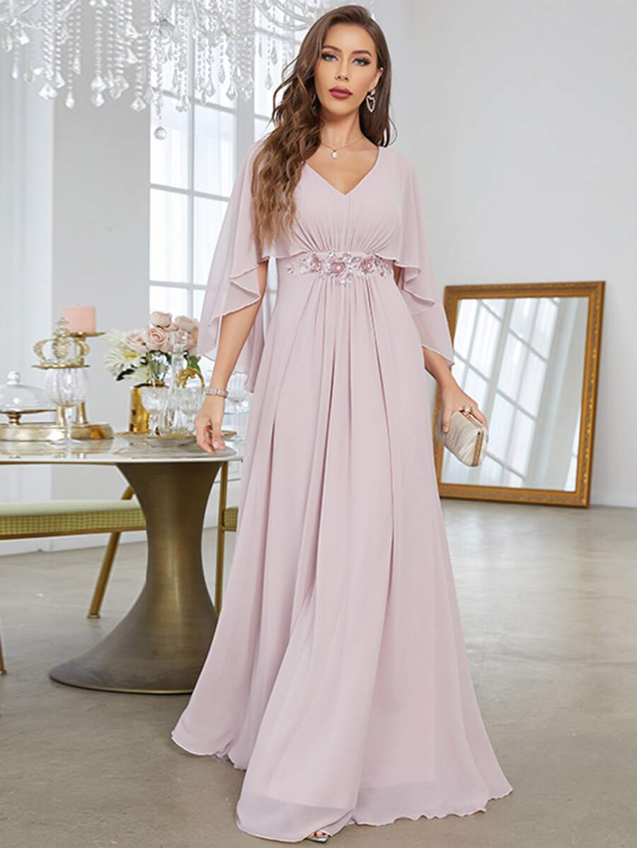 Vestido de fiesta con cuello en V, mangas acampanadas, bordado de lentejuelas y aplicaciones, vestido de dama de honor - Rosa Pálido - Ver 1