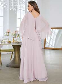Vestido de fiesta con cuello en V, mangas acampanadas, bordado de lentejuelas y aplicaciones, vestido de dama de honor - Rosa Pálido - Ver 2