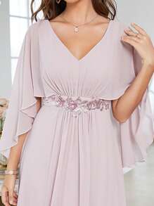 Vestido de fiesta con cuello en V, mangas acampanadas, bordado de lentejuelas y aplicaciones, vestido de dama de honor - Rosa Pálido - Ver 3