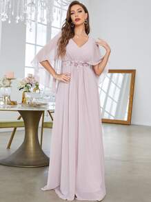 Vestido de fiesta con cuello en V, mangas acampanadas, bordado de lentejuelas y aplicaciones, vestido de dama de honor - Rosa Pálido - Ver 4