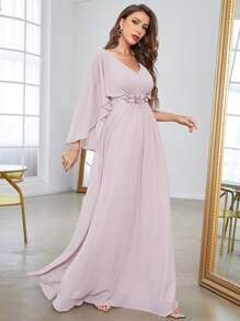 Vestido de fiesta con cuello en V, mangas acampanadas, bordado de lentejuelas y aplicaciones, vestido de dama de honor - Rosa Pálido - Ver 6