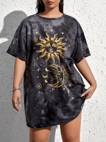 SHEIN EZwear Plus Sun & Moon Print Tie Dye Drop Shoulder Tee Dress, Summer - Multicolor - View 1