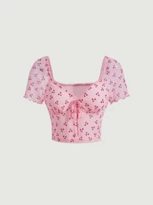 SHEIN MOD Cherry Print Knot Front Crop Tee - Multicolor - View 1