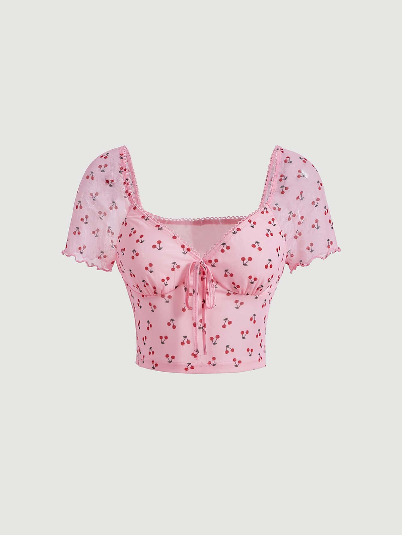 SHEIN MOD Cherry Print Knot Front Crop Tee - Multicolor - View 1