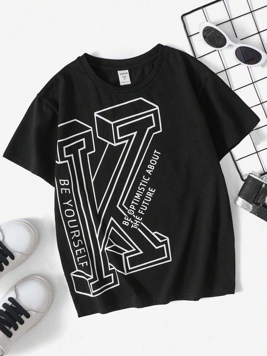 SHEIN Boys Slogan Graphic Tee - Black - View 1