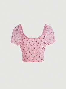 SHEIN MOD Cherry Print Knot Front Crop Tee - Multicolor - View 2