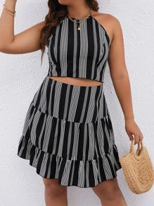 SHEIN LUNE Plus Striped Print Tie Backless Halter Top & Ruffle Hem Skirt - Black and White - View 1