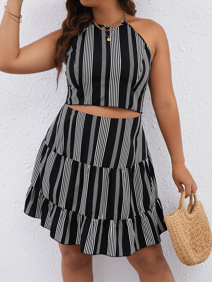 SHEIN LUNE Plus Striped Print Tie Backless Halter Top & Ruffle Hem Skirt - Black and White - View 1
