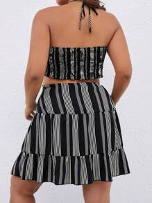 SHEIN LUNE Plus Striped Print Tie Backless Halter Top & Ruffle Hem Skirt - Black and White - View 2