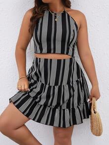 SHEIN LUNE Plus Striped Print Tie Backless Halter Top & Ruffle Hem Skirt - Black and White - View 4