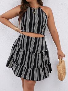 SHEIN LUNE Plus Striped Print Tie Backless Halter Top & Ruffle Hem Skirt - Black and White - View 5