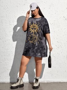 SHEIN EZwear Plus Sun & Moon Print Tie Dye Drop Shoulder Tee Dress, Summer - Multicolor - View 3