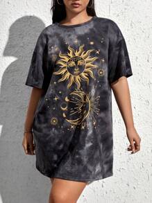 SHEIN EZwear Plus Sun & Moon Print Tie Dye Drop Shoulder Tee Dress, Summer - Multicolor - View 4