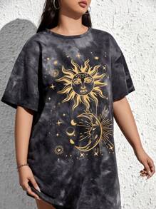 SHEIN EZwear Plus Sun & Moon Print Tie Dye Drop Shoulder Tee Dress, Summer - Multicolor - View 5