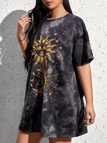 SHEIN EZwear Plus Sun & Moon Print Tie Dye Drop Shoulder Tee Dress, Summer - Multicolor - View 6