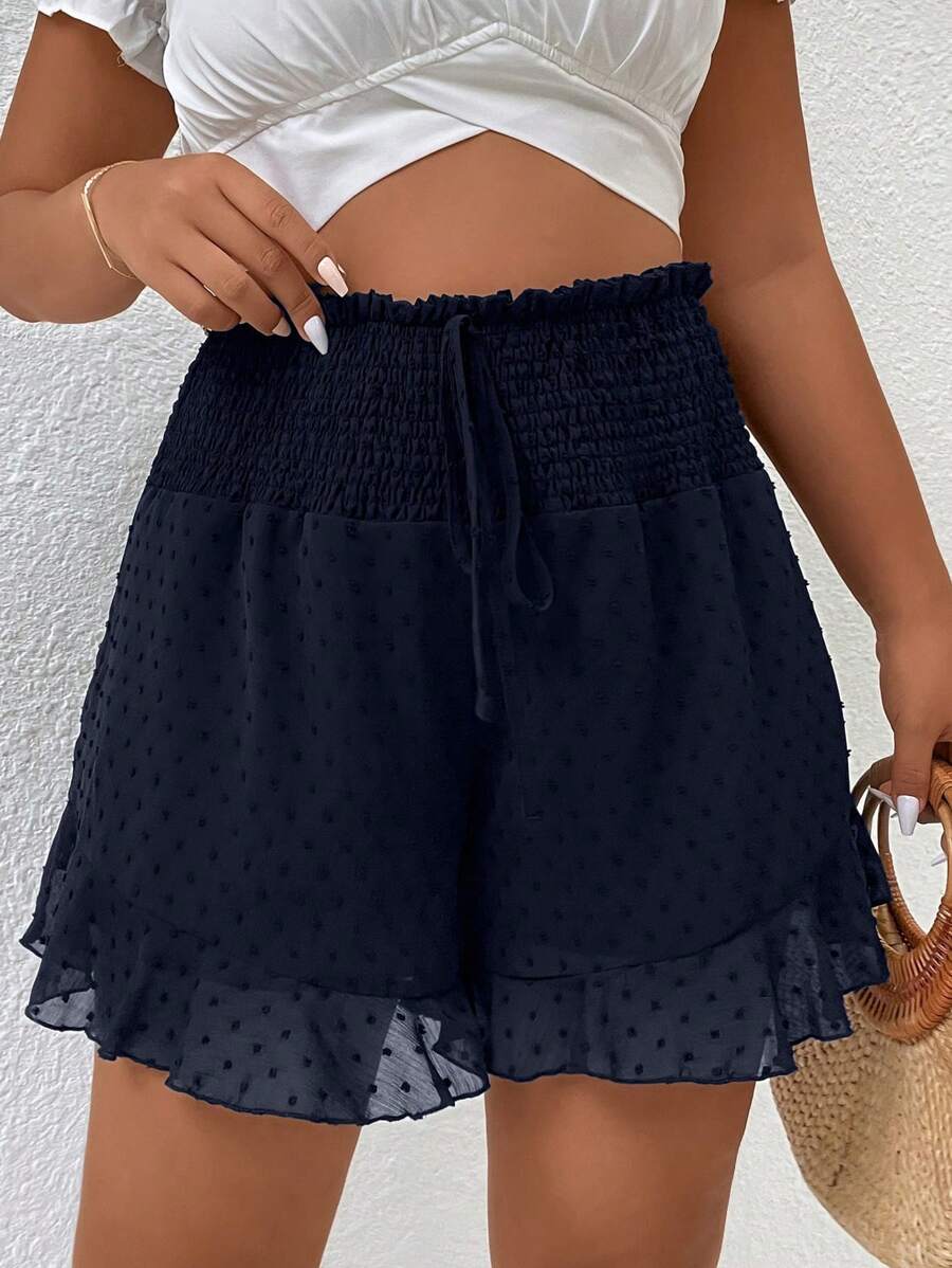 SHEIN Franclia Plus Swiss Dot Tie Front Ruffle Hem Shorts - Navy Blue - View 1