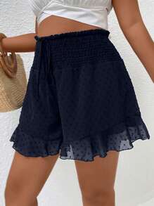 SHEIN Franclia Plus Swiss Dot Tie Front Ruffle Hem Shorts - Navy Blue - View 4