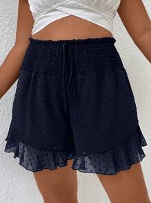 SHEIN Franclia Plus Swiss Dot Tie Front Ruffle Hem Shorts - Navy Blue - View 6