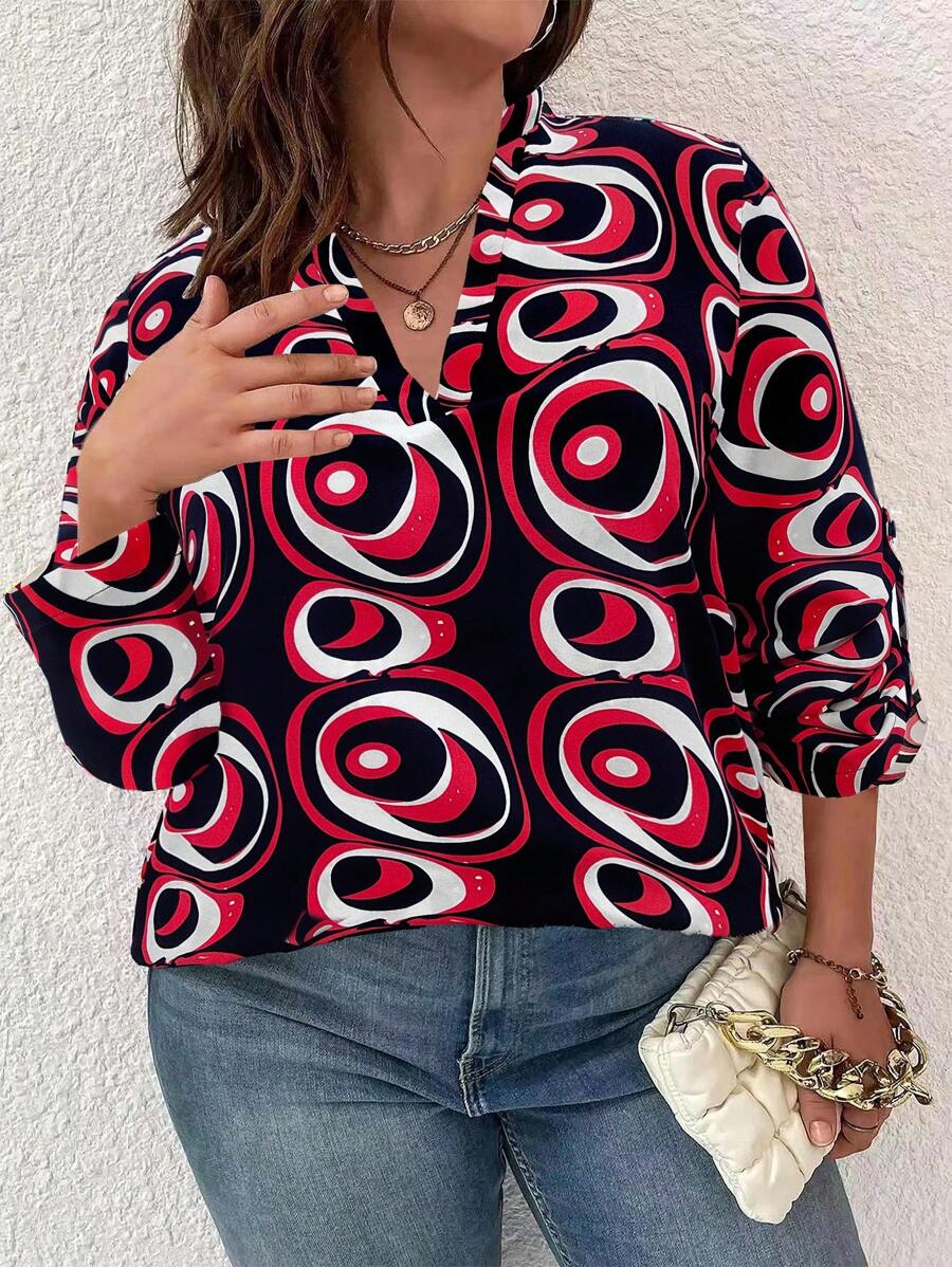 SHEIN LUNE Plus Allover Print Roll Tab Sleeve Blouse - Black - View 1