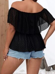 SHEIN LUNE Plus Swiss Dot Off Shoulder Ruffle Trim Peplum Blouse - Black - View 2