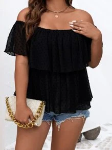 SHEIN LUNE Plus Swiss Dot Off Shoulder Ruffle Trim Peplum Blouse - Black - View 3