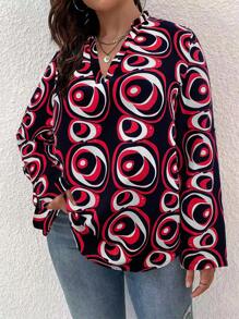 SHEIN LUNE Plus Allover Print Roll Tab Sleeve Blouse - Black - View 3