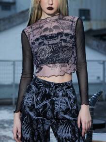 ROMWE Grunge Punk Top estampado de cráneo de malla - Multicolor - Ver 1