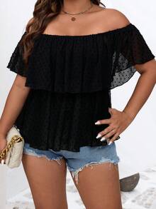 SHEIN LUNE Plus Swiss Dot Off Shoulder Ruffle Trim Peplum Blouse - Black - View 5