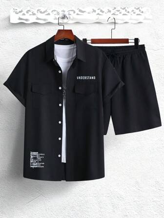 Männer Buchstaben Grafik, Shirt & Tunnelzug, Shorts ohne T-Shirt