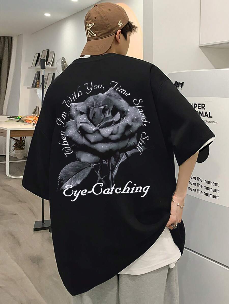 Manfinity EMRG 寬鬆男士格言和花卉印花下垂肩t恤 - 黑色 - 查看 1