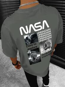 Manfinity Playeras para hombres con corte ajustado, cuello redondo, manga corta, diseño gráfico callejero - Gris - Ver 1