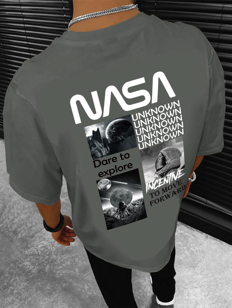 Manfinity Playeras para hombres con corte ajustado, cuello redondo, manga corta, diseño gráfico callejero - Gris - Ver 1