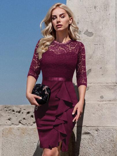 MIUSOL Floral Lace Ruffle Trim Split Thigh Cocktail Party Bodycon Dress