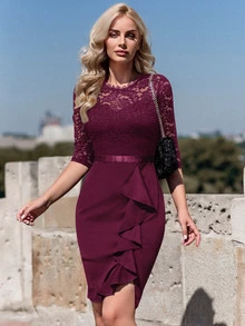 MIUSOL 花卉蕾丝荷叶边饰开叉大腿鸡尾酒会紧身连衣裙 - 酒紅色 - 查看 3