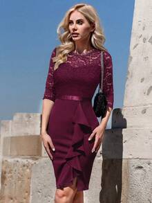 MIUSOL 花卉蕾丝荷叶边饰开叉大腿鸡尾酒会紧身连衣裙 - 酒紅色 - 查看 5