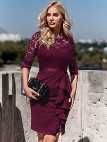 MIUSOL 花卉蕾丝荷叶边饰开叉大腿鸡尾酒会紧身连衣裙 - 酒紅色 - 查看 6