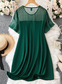 SHEIN Clasi Đầm Plus Size Tương phản Mesh màu trơn Giải trí - Màu xanh lá cây đậm - Xem 2